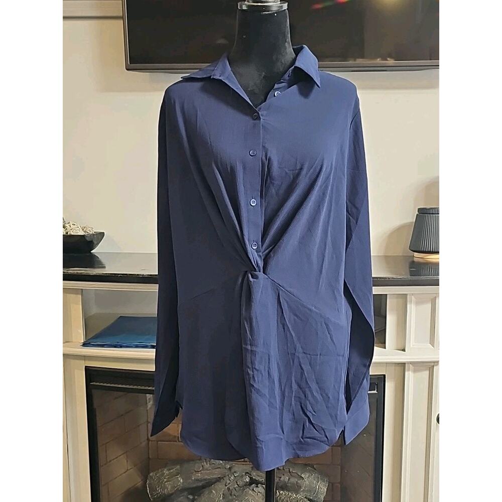 Umgee Shirt Womens Large Navy Blue Twist Front Half Button Light Weight New